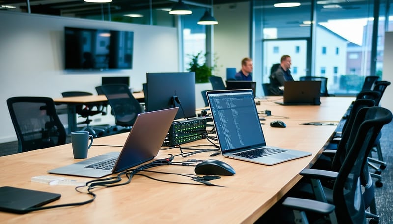 Corporate networking equipment and consultancy team at work