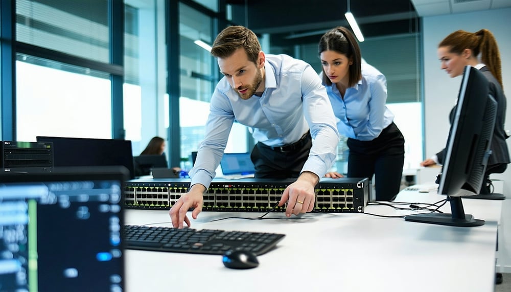 Corporate professionals configuring network equipment in a modern office setting
